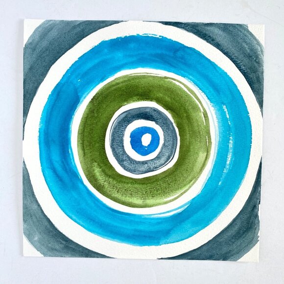 Turning 2 Original Art Bullseye Watercolor Painting on 8x8in Paper - Picture 2 of 6